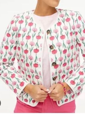 J. Crew Quilted White Jacket with Pink Floral Print